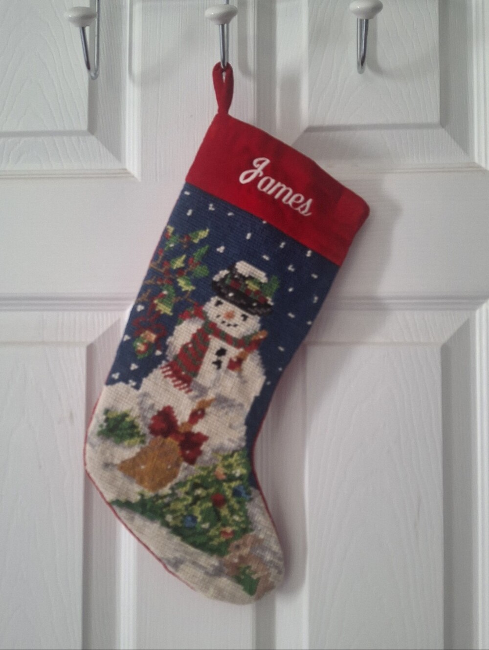 Vintage 90s Lillian Vernon Christmas Stocking Needlepoint Wool Snowman James 13"